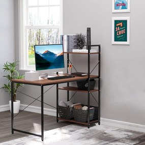 Secretária de canto com arrumação 120 C x 64 L x 121 A cm, estilo industrial, com estante de 3 prateleiras em aglomerado com acabamento em cor nogueir