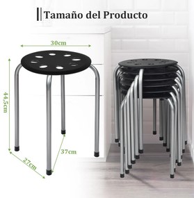 Conjunto de 6 bancos empilháveis de meta com assento perfurado redondo e estrutura metálica para cozinha, sala Pretos