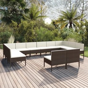 vidaXL 12 pcs conjunto lounge jardim c/ almofadões vime PE castanho