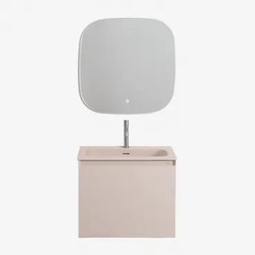 Conjunto De Móvel De Casa De Banho Suspenso Em Madeira Com Lavatório Integrado Macrae Crema Linho & Quadrado Led E Anti-embaciamento 75x75 Cm - Sklum