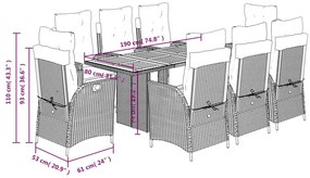 9 pcs conjunto de jantar p/ jardim c/ almofadões vime PE preto