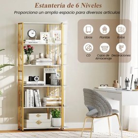 Estante de 6 prateleiras com estrutura metálica 80 x 31 x 180 cm Branca e dourada