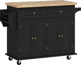 HOMCOM Ilha de Cozinha com Rodas 2 Gavetas 4 Portas Suporte para Temperos e Barra Lateral 111x44,5x82,5 cm Preto e Madeira | Aosom Portugal