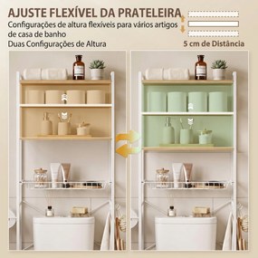 Móvel sobre a Sanita com 3 Níveis, Porta-Rolos, Prateleiras Ajustáveis, Cesto Extraível e Ganchos, Cor Carvalho