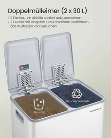 Caixote do lixo de cozinha com dois compartimentos e tampa de fecho suave em aço 47,6 x 37,7 x 66,9 cm Branco