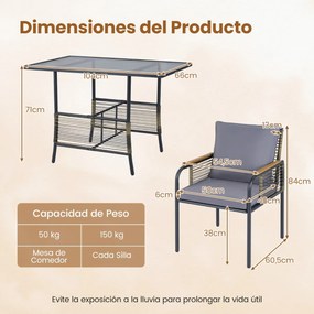 Conjunto Jardim de 3 peças de vime com almofadas, mesa retangular e cadeiras para varanda ou jardim castanho e cinza escuro