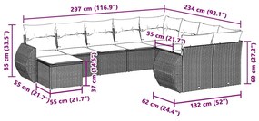 10 pcs conj. sofás jardim com almofadões vime PE cinzento-claro