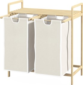 Cesto de roupa suja em bambu com 2 cestos removíveis e deslizantes em tecido não tecido 63,5 x 33 x 73 cm creme