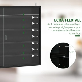 Vitrine de Parede de Madeira com Prateleiras Ajustáveis e 2 Portas Corredeiras de Vidro para Perfumes 80x9,5x60 cm Preto