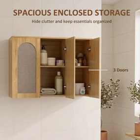 Armário de parede para casa de banho de estilo boémio 88,5 (L) x 30 (P) x 60 (A) cm com 3 portas com efeito de vime e fecho suave e prateleira ajustáv