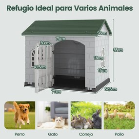 Casota de plástico para cães com 3 janelas e porta com fechadura, telhado inclinado, para interior e exterior, 75 x 58 x 65 cm, verde