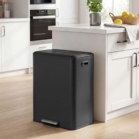 Caixote do lixo de cozinha com sistema de separação de resíduos 52,5 x 37,2 x 65,8 cm, baldes interiores e fecho suave, aço, preto