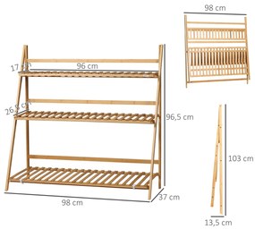 Suporte para Plantas de 3 Níveis de Bambu Suporte para Flores Dobrável para Interior e Exterior 98x37x96,5cm Madeira