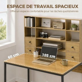 Secretária de computador com 4 gavetas, 105 x 60 cm, secretária com arrumação, prateleiras abertas, madeira natural
