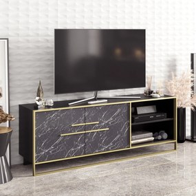 Móvel de TV SIENA em Mármore Preto com 2 Portas e Base Dourada – 160x3