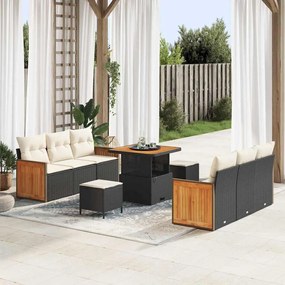 Conjunto de Sofá de Jardim vidaXL 9 Peças com Almofadas Rattan Preto Acácia