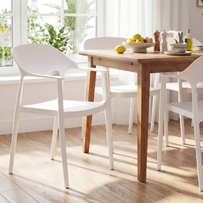 Conjunto de 4 cadeiras de jantar em plástico com encosto curvo, braços e assento amplo; para uso interior e exterior, na sala, terraço ou jardim branc