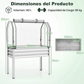 Floreira elevada com estufa 112 x 55 x 152 cm, canteiro de jardim em metal galvanizado com cobertura de proteção e porta enrolável para pátio, terraço