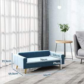 Sofá-cama para cães com design escandinavo, almofada macia, pés em metal dourado, 94 x 59,5 x 31,5 cm, veludo sedoso azul