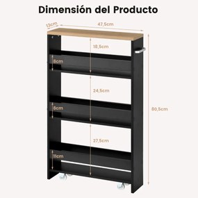 Carrinho de Cozinha armazenamento estreito com 4 prateleiras e organizador móvel economiza espaço para banheiro 48 x 12,5 x 81 cm preto e natural