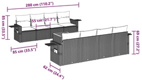 9 pcs conjunto sofás p/ jardim com almofadões vime PE cinzento