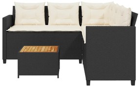 Sofá de jardim em forma de L c/ mesa e almofadões vime PE preto