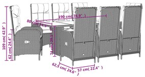 9 pcs conjunto de jantar p/ jardim c/ almofadões vime PE cinza