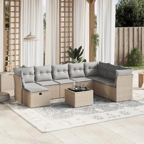 9 pcs conj. sofás jardim c/ almofadões vime PE bege misturado