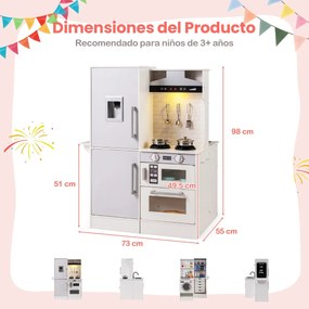 Cozinha de brincar dupla face em madeira 73 x 55 x 98 cm com dispensador de água, micro-ondas e utensílios simulados, luzes e sons, para maiores de 3