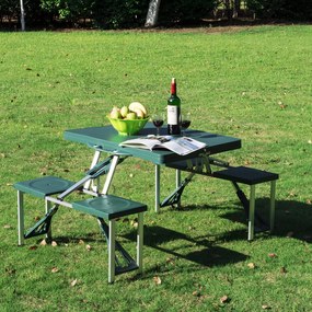 Outsunny Mesa de Acampamento Dobrável com 4 Cadeiras Conjunto para Acampamento com Orifício para Guarda Sol Estrutura de Alumínio 136x84,5x66 cm Verde