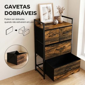 Cómoda com 4 Gavetas em Tecido para Quarto com Prateleira Superior e Estrutura Metálica Castanho Rústico
