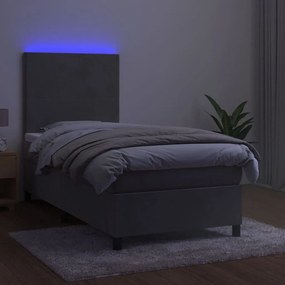 Cama box spring c/ colchão/LED 100x200 cm veludo cinzento-claro