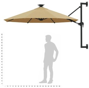 Guarda-sol p/ jardim parede c/ luz LED 300 cm cinza-acastanhado