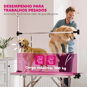 Mesa de Tosquia para Cães Dobrável Mesa de Higiene com Prateleira Metálica Superfície Antiderrapante 107x60x164 cm, Rosa