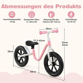 Bicicleta sem pedais crianças com guiador e assento ajustável em altura, bicicleta de aprendizagem com rodas de 12 polegadas, cor-de-rosa