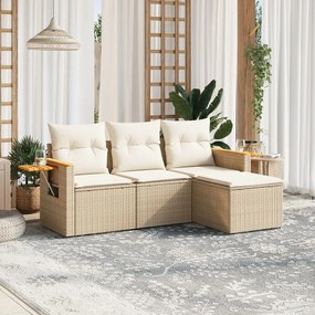 4 pcs conjunto de sofás para jardim c/ almofadões vime PE bege