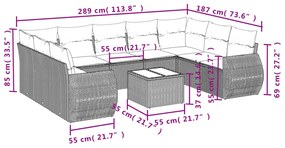 10 pcs conjunto sofás de jardim c/ almofadões vime PE cinzento