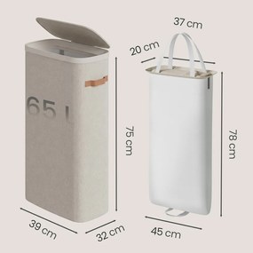 Cesto da roupa suja, cesto de 65 L, cesto com tampa e pegas, 39 x 22 x 75 cm, bege