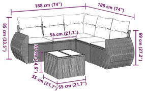 6 pcs conj. sofás jardim com almofadões vime PE cinzento-claro