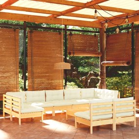 vidaXL 10 pcs conjunto lounge jardim c/ almofadões creme pinho maciço