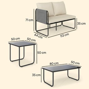 Conjunto de Jardim de 4 peças Móveis de Exterior com 2 Sofás de 2 Lugares 2 Mesas de Vidro Almofadas Capas Removíveis Preto e Bege