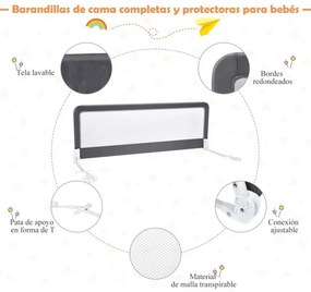 Barra de segurança para bebés para camas com altura ajustável 150 x 55 cm cinza