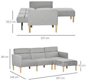 HOMCOM Sofá Cama com Chaise Longue de 3 Lugares com Encosto Ajustável Apoio para os Braços e Apoio para os Pés Móvel 207x81x80cm Cinza Claro
