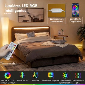 Cama com arrumação 140 x 190 cm com iluminação LED (COLCHÃO NÃO INCLUIDO), cabeceira ajustável, estrutura de cama de casal, base de ripas de madeira,