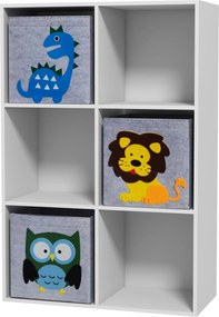 Estante para Brinquedos com 6 Compartimentos e 3 Caixas de Tecido não Tecido e Desenho de Animais 62x30x92cm Branco e Cinza