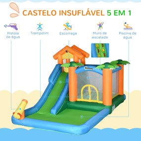 Outsunny Castelo Insuflável com Escorrega Trampolim Piscinas e Pistola de Água para Crianças acima de 3 Anos com Inflador e Bolsa de Transporte para Interior Exterior 550x285x260cm Multicor