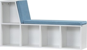Banco 2 em 1 com 5 compartimentos de arrumação e 2 almofadas, 108 x 30 x 60 cm, branco e azul