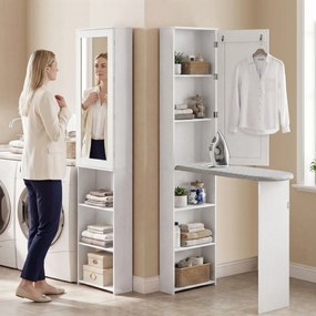 Móvel de Engomar com Espelho Tábua de Engomar Dobrável 6 Compartimentos 2 Ganchos 107x35x174 cm Branco