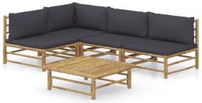 5 pcs conj. lounge jardim em bambu c/ almofadões cinza-escuro