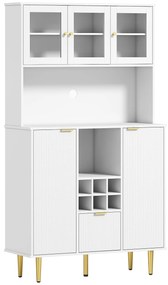 HOMCOM Armário de Cozinha Móvel Auxiliar de Cozinha Armário Alto com 3 Portas de Vidro Suporte para Garrafas 100x40x180 cm Branco | Aosom Portugal